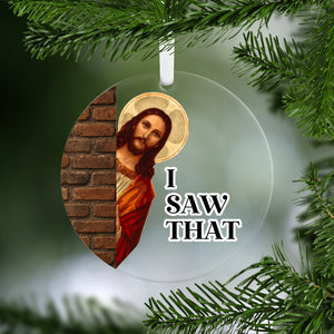 Decorative ornament with religious iconography and text 'I SAW THAT' on a green background.