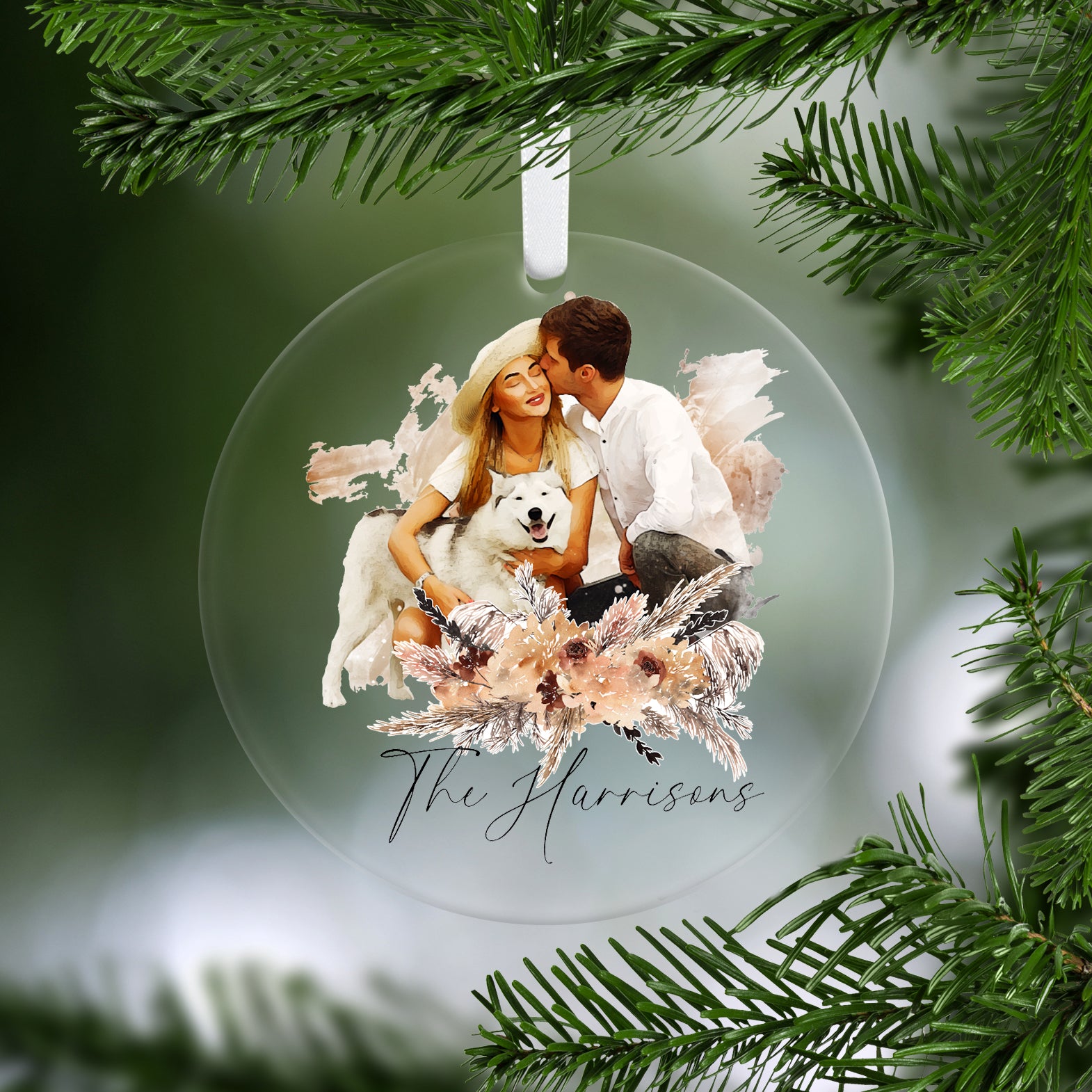 Clear acrylic ornament with a watercolor portrait of a couple and their dog. Personalized with their last name.