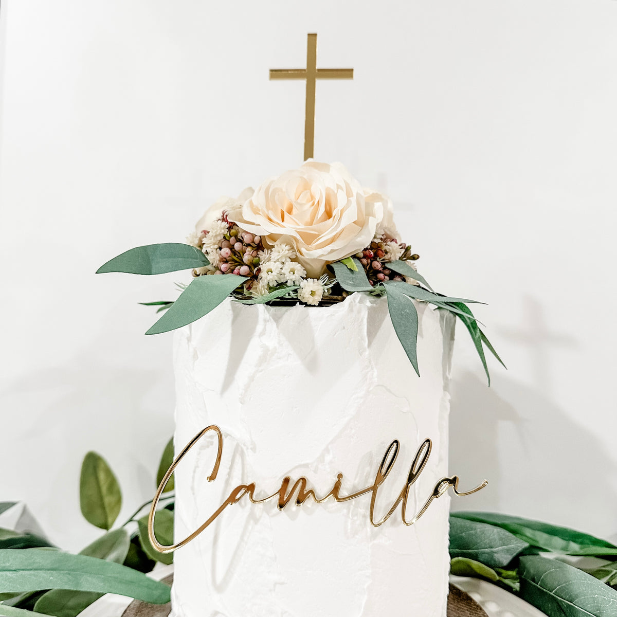 Name Charm & Cross Cake Topper