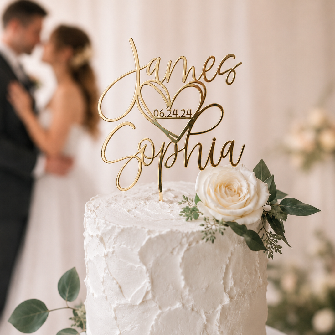 Personalized mirror gold acrylic wedding cake topper featuring two names, a heart design and a custom wedding date on a white floral wedding cake.